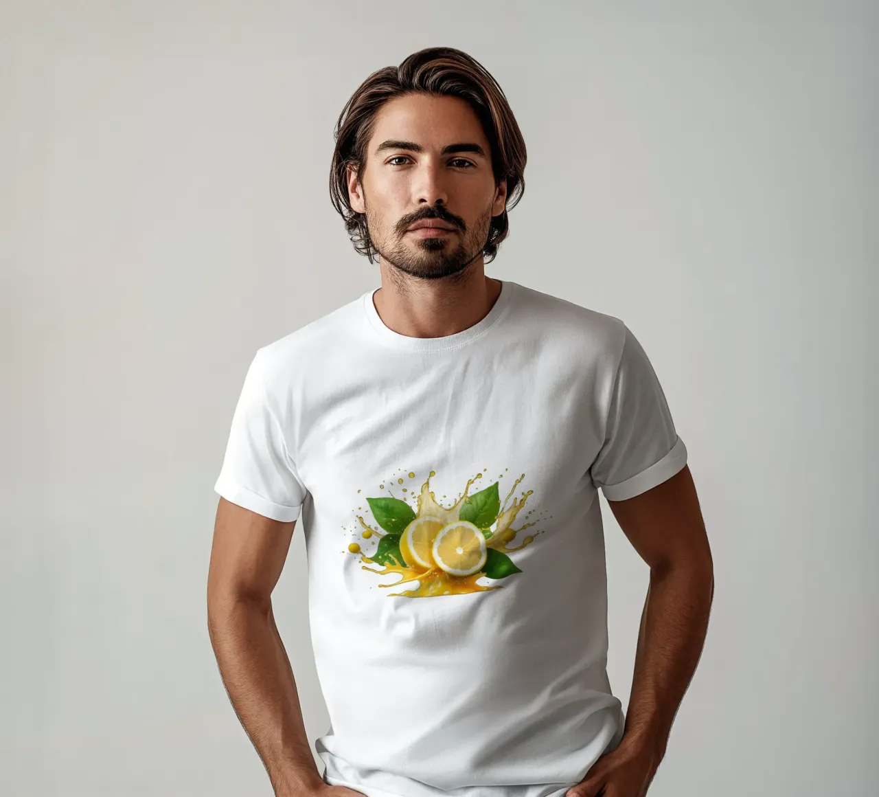 Bright lemon halves erupting with juice and splashes among t-shirt by DesignDoodle