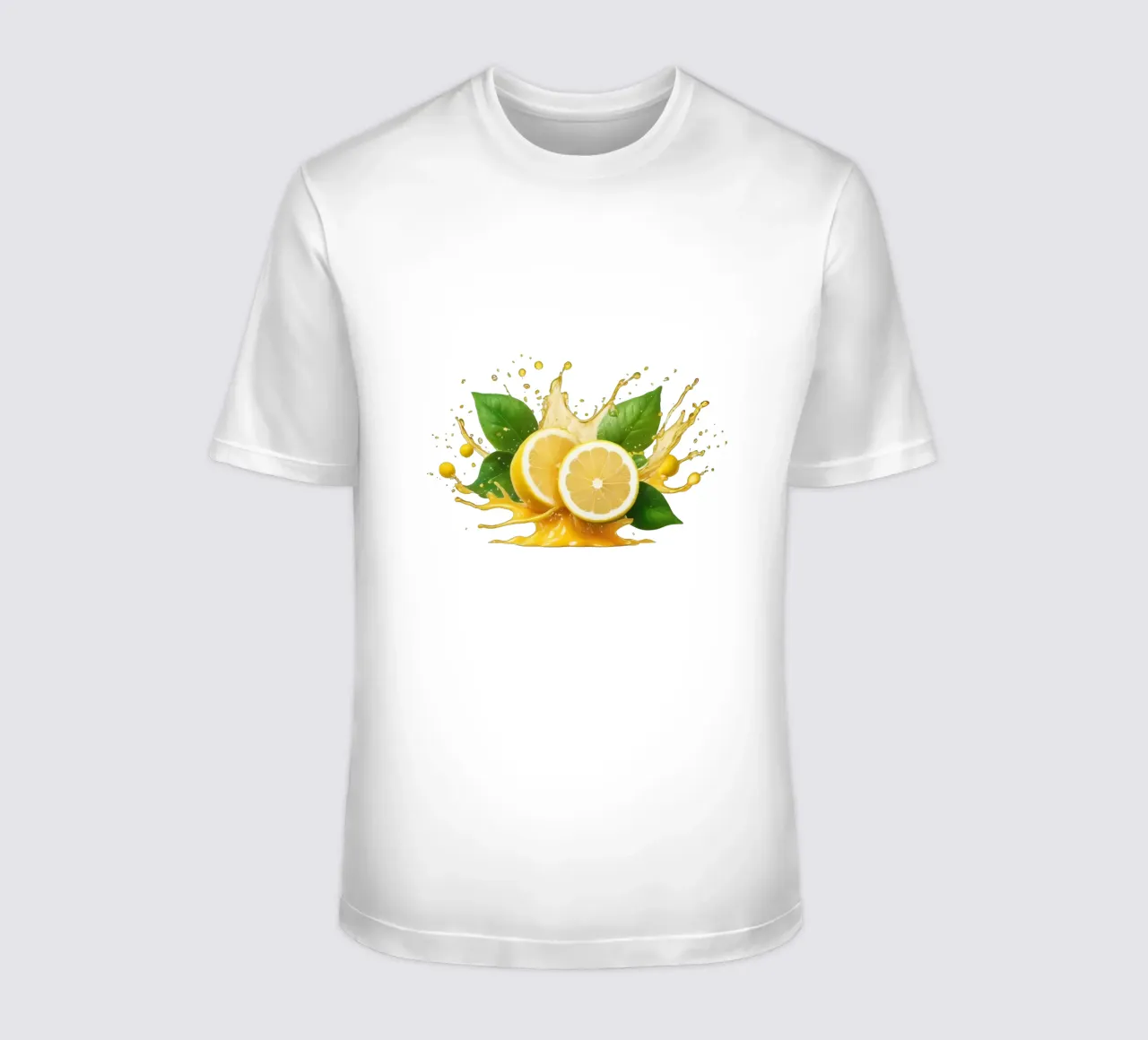 Bright lemon halves erupting with juice and splashes among t-shirt by DesignDoodle