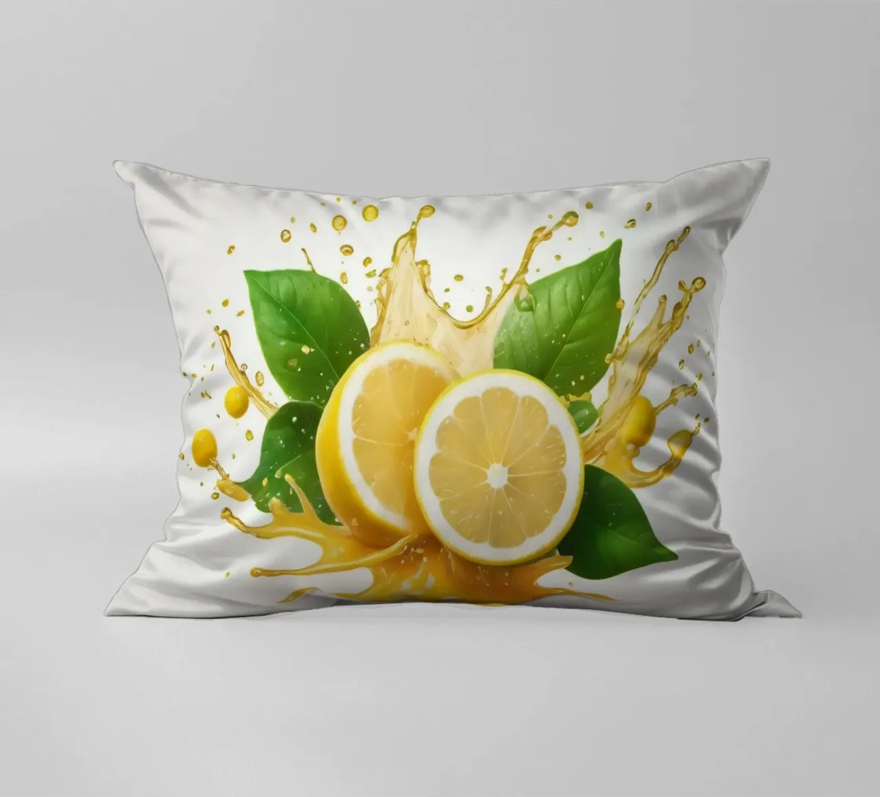 Bright lemon halves erupting with juice and splashes among decorative cushion by DesignDoodle