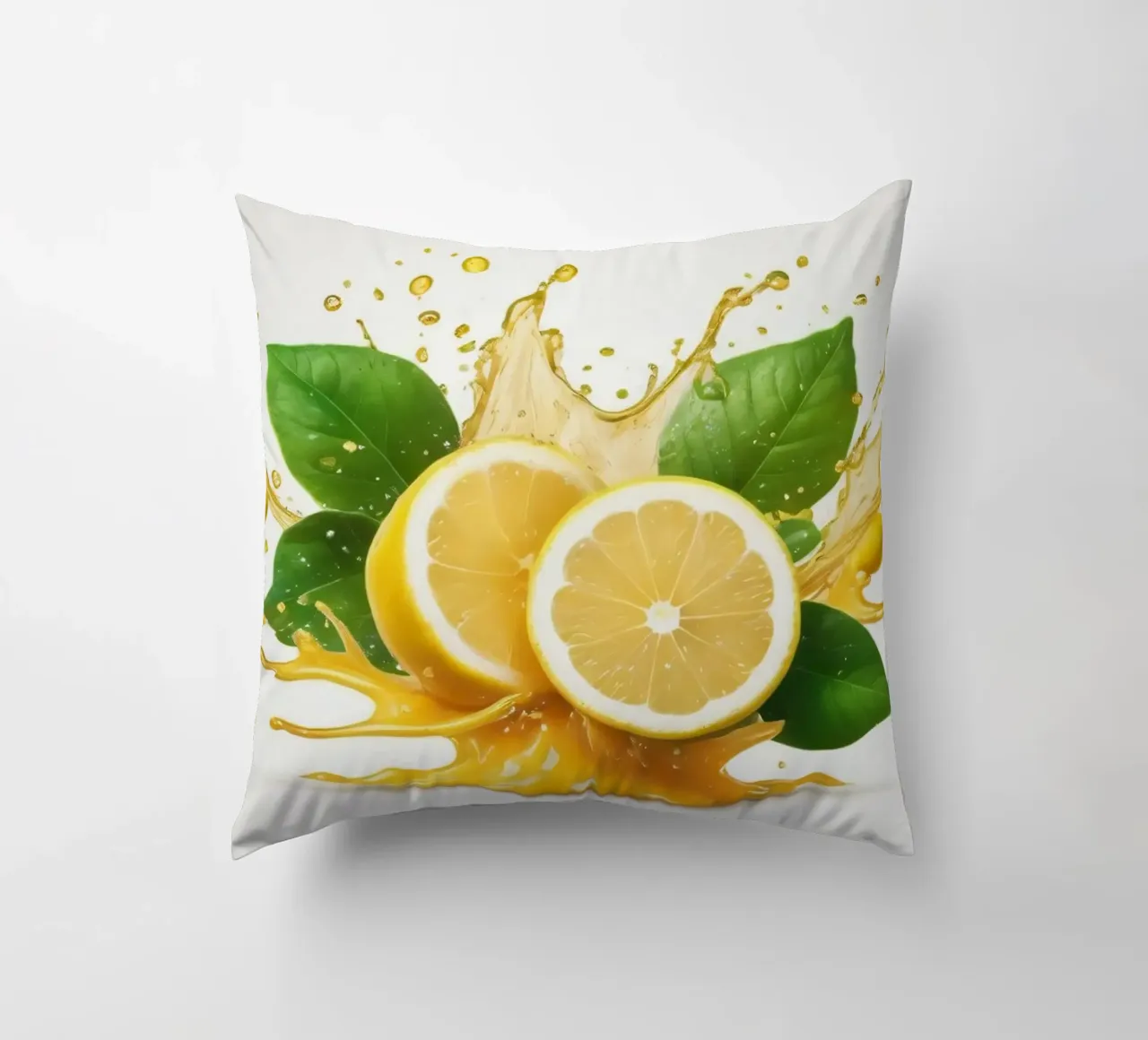 Bright lemon halves erupting with juice and splashes among decorative cushion by DesignDoodle