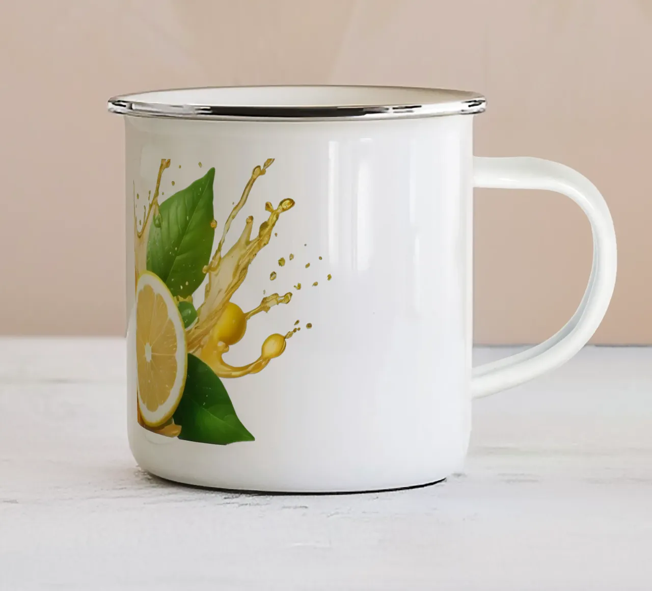 Bright lemon halves erupting with juice and splashes among enamel mug by DesignDoodle