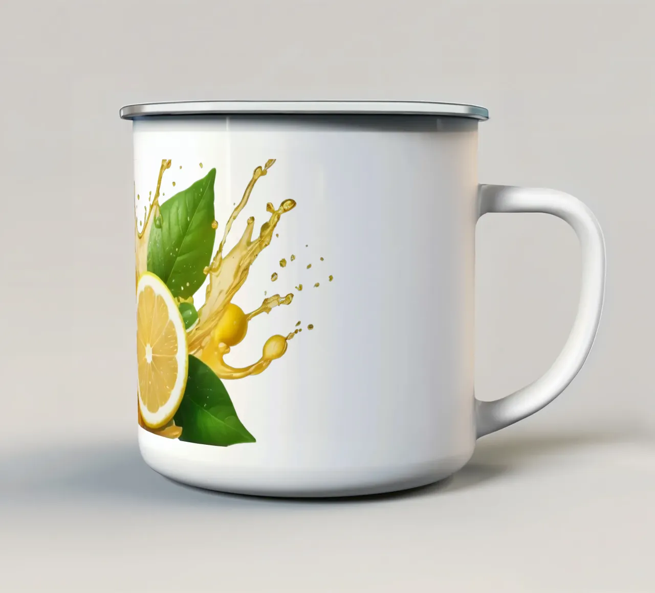 Bright lemon halves erupting with juice and splashes among enamel mug by DesignDoodle