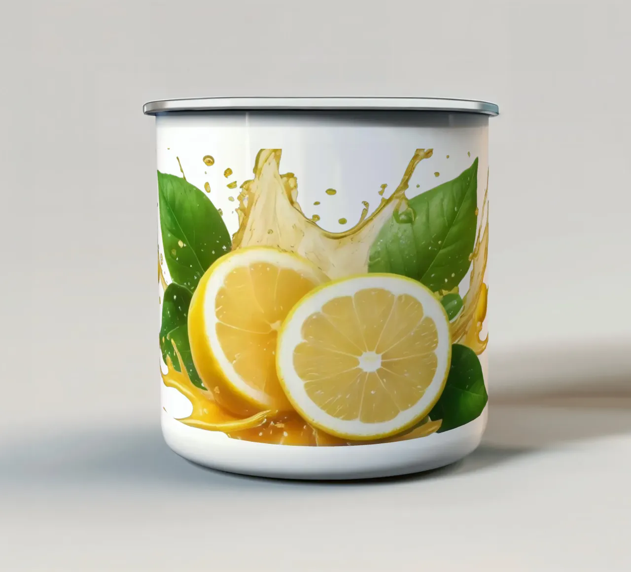 Bright lemon halves erupting with juice and splashes among enamel mug by DesignDoodle