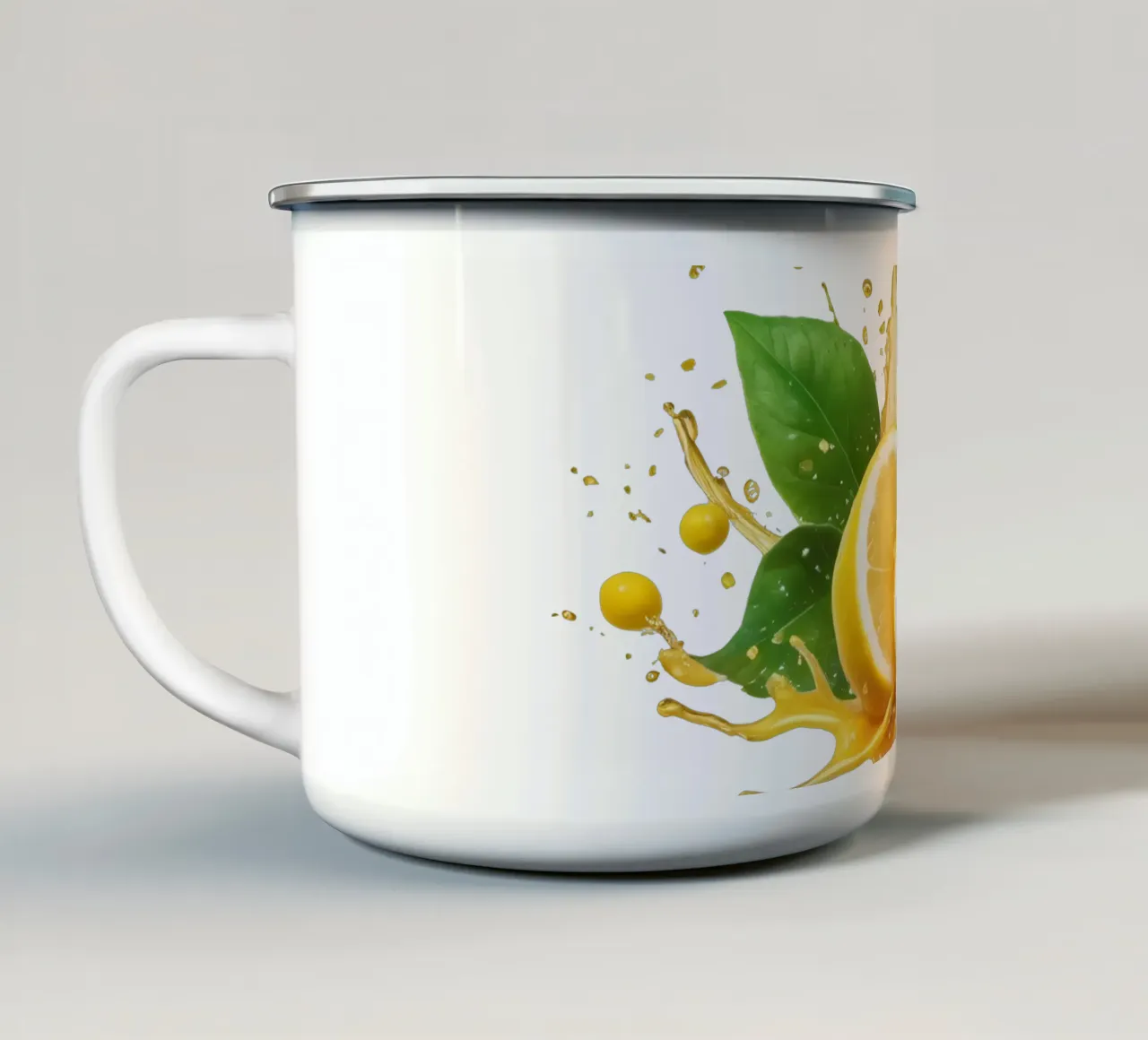 Bright lemon halves erupting with juice and splashes among enamel mug by DesignDoodle