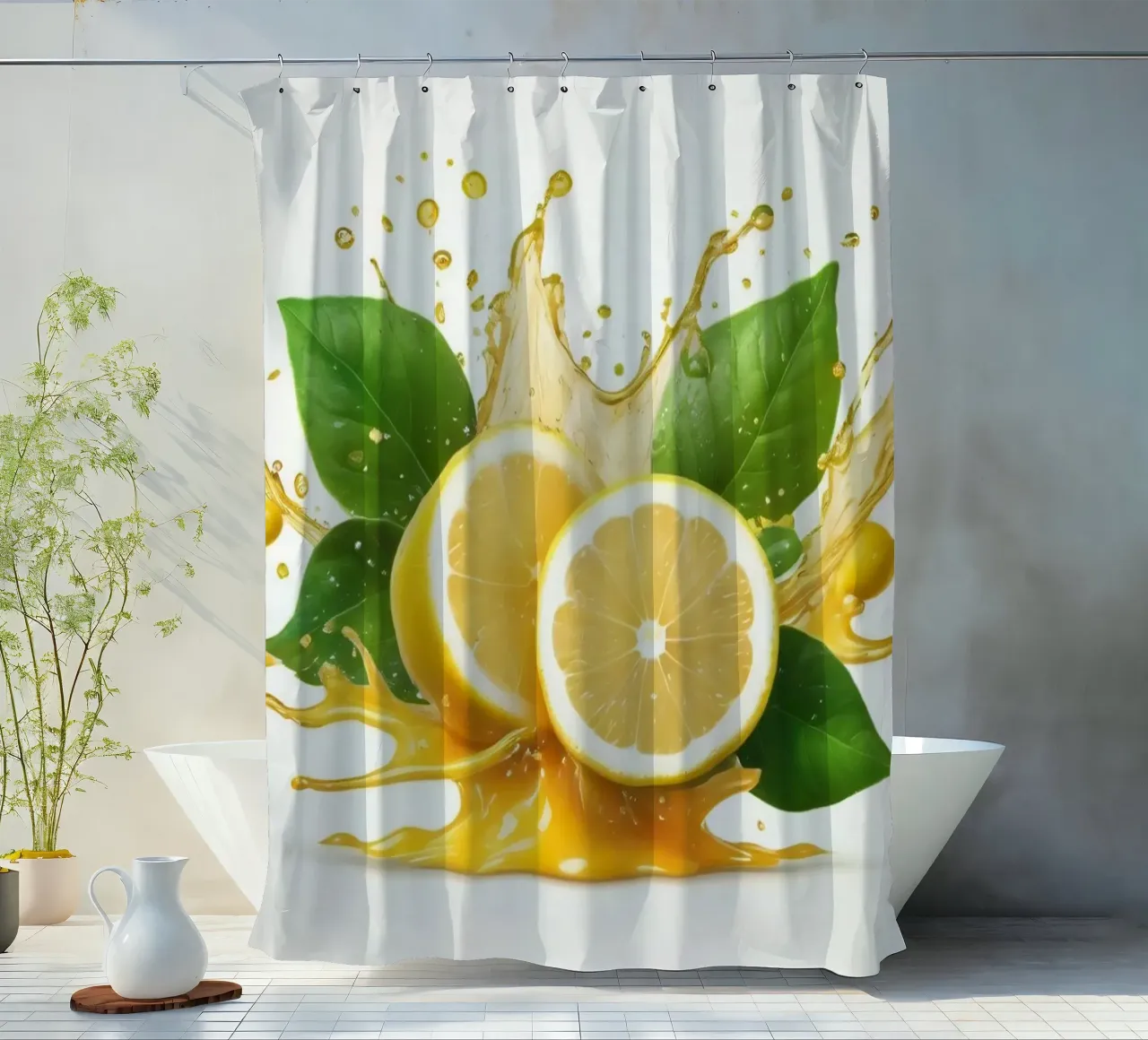 Bright lemon halves erupting with juice and splashes among shower curtain by DesignDoodle