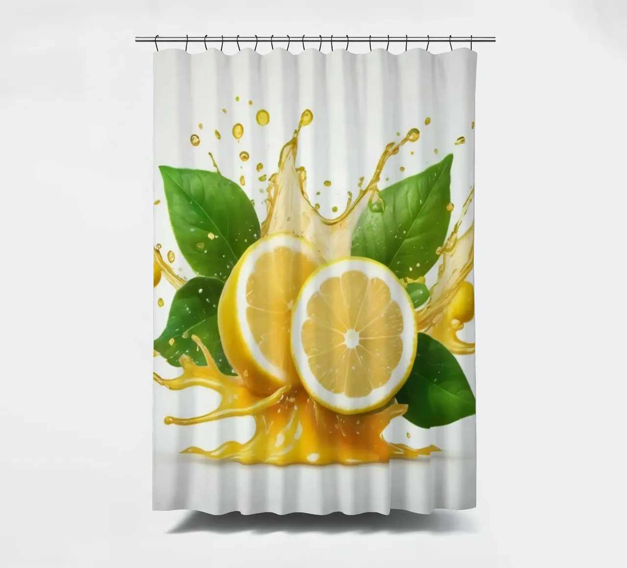 Bright lemon halves erupting with juice and splashes among shower curtain by DesignDoodle