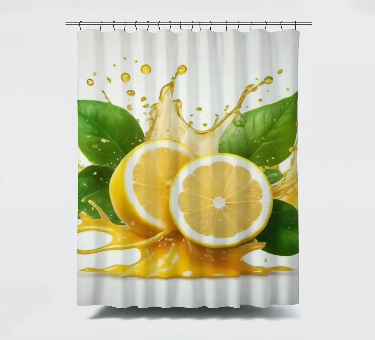 Bright lemon halves erupting with juice and splashes among shower curtain by DesignDoodle