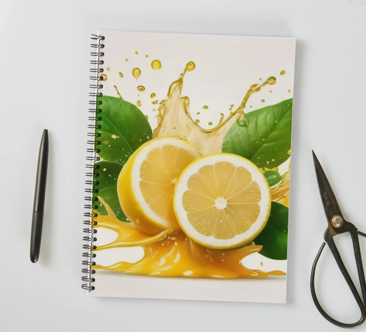 Bright lemon halves erupting with juice and splashes among spiral notebook by DesignDoodle
