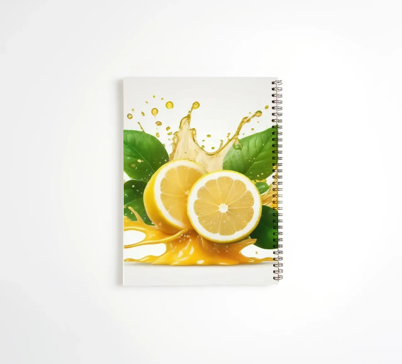 Bright lemon halves erupting with juice and splashes among spiral notebook by DesignDoodle