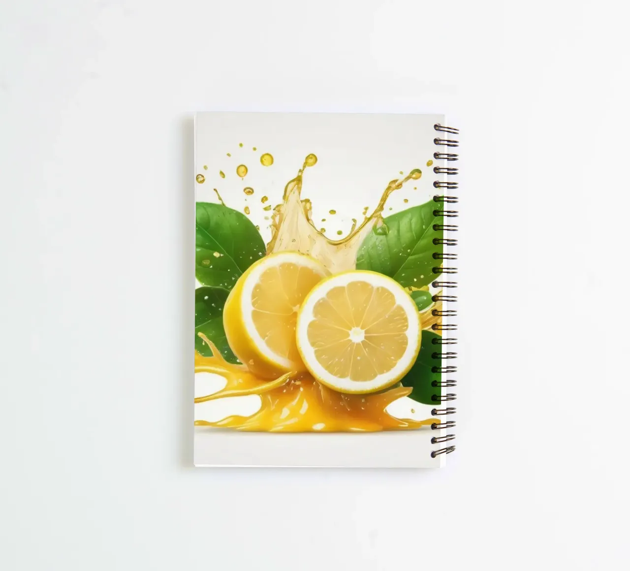 Bright lemon halves erupting with juice and splashes among spiral notebook by DesignDoodle