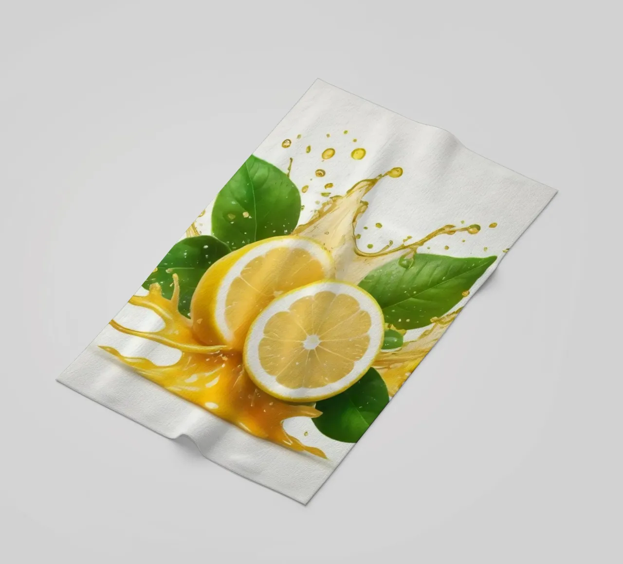 Bright lemon halves erupting with juice and splashes among beach towel by DesignDoodle