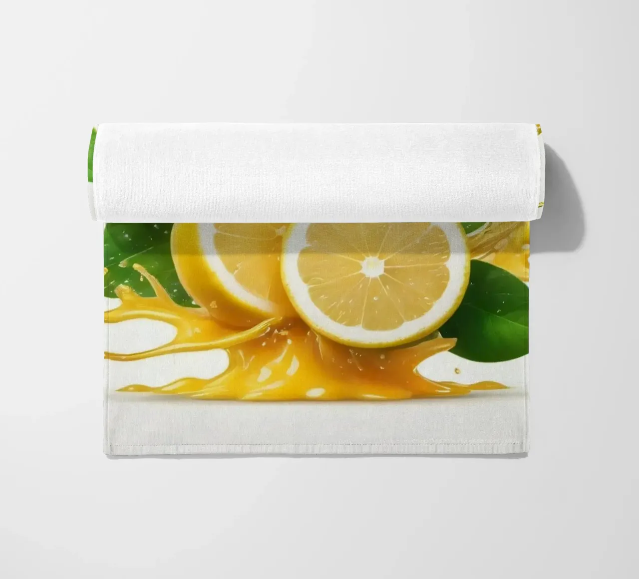 Bright lemon halves erupting with juice and splashes among beach towel by DesignDoodle