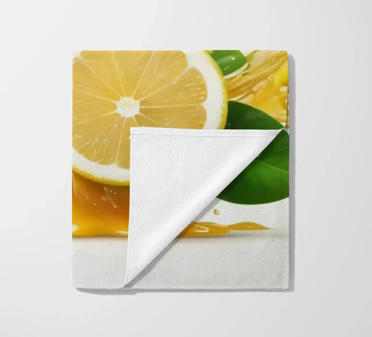 Bright lemon halves erupting with juice and splashes among beach towel by DesignDoodle