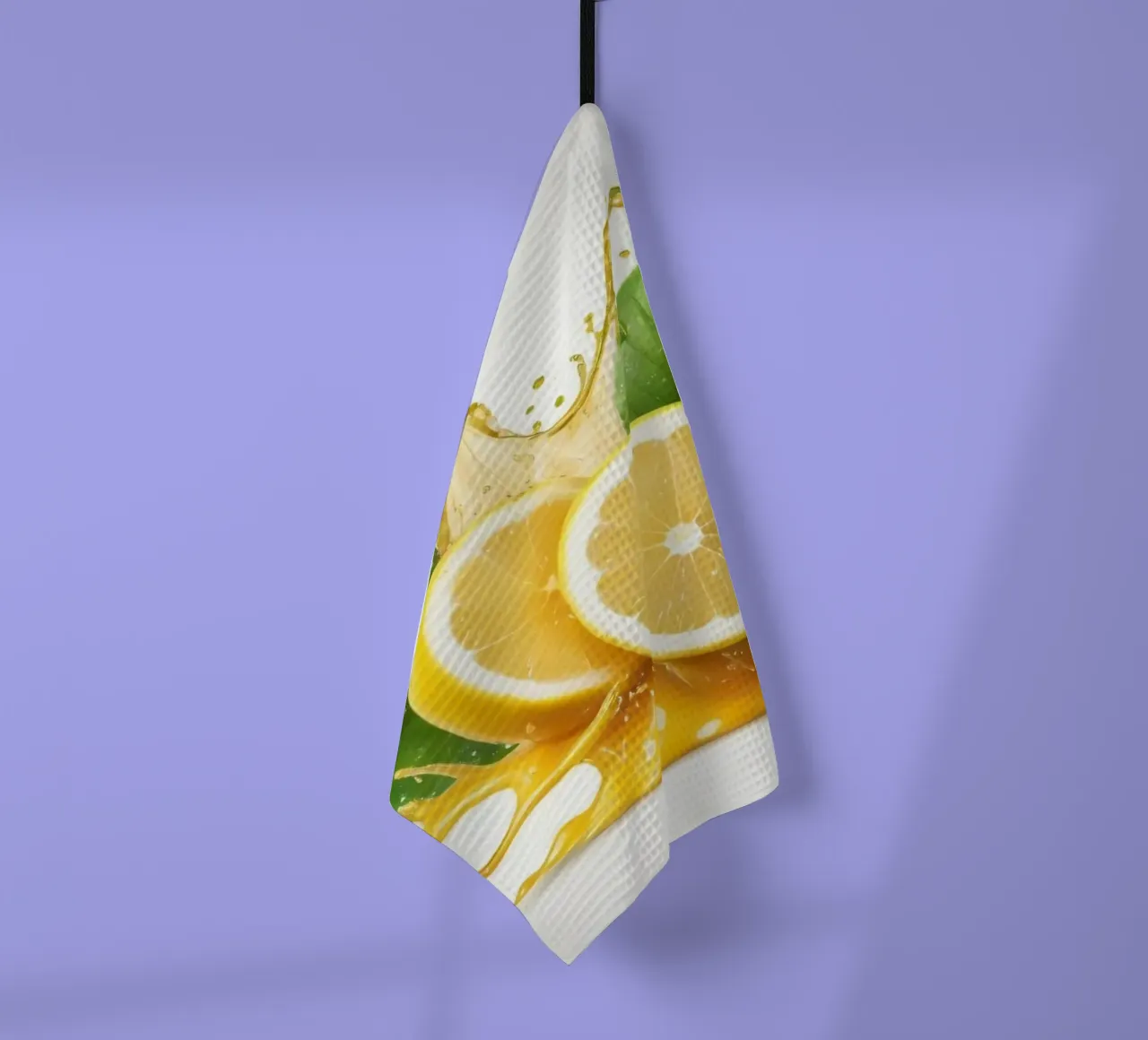 Bright lemon halves erupting with juice and splashes among tea towel by DesignDoodle