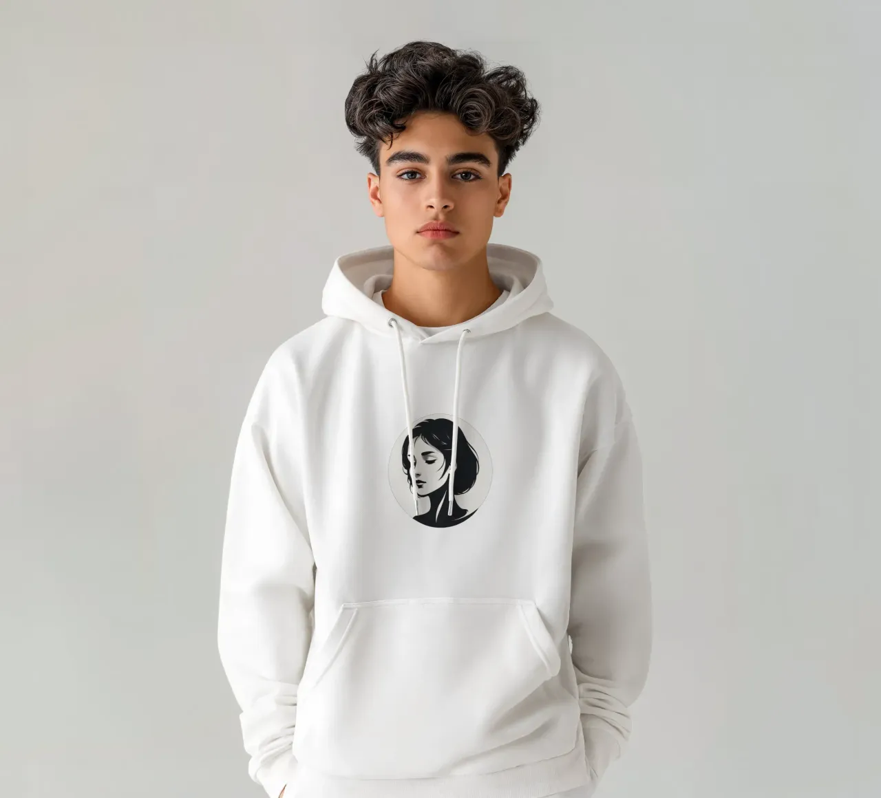 Elegante illustrazione in bianco e nero di una donna felpa con cappuccio da DesignDoodle