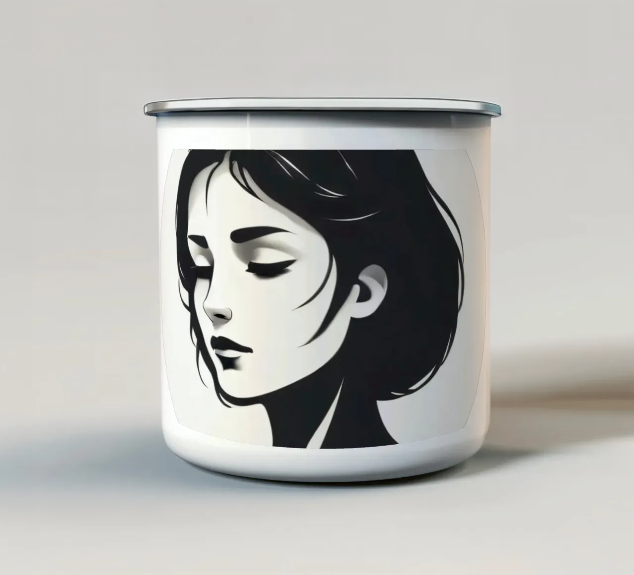 Elegante illustrazione in bianco e nero di una donna tazza in smalto da DesignDoodle