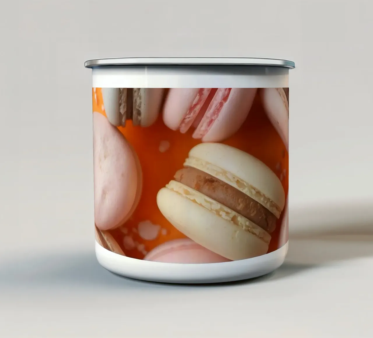 Assortimento colorato di macarons su sfondo arancione tazza in smalto da DesignDoodle