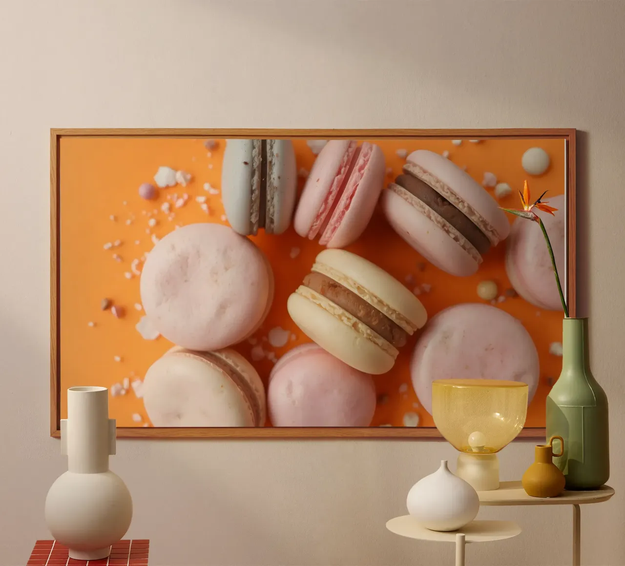 Assortimento colorato di macarons su sfondo arancione alluminio dibond da DesignDoodle