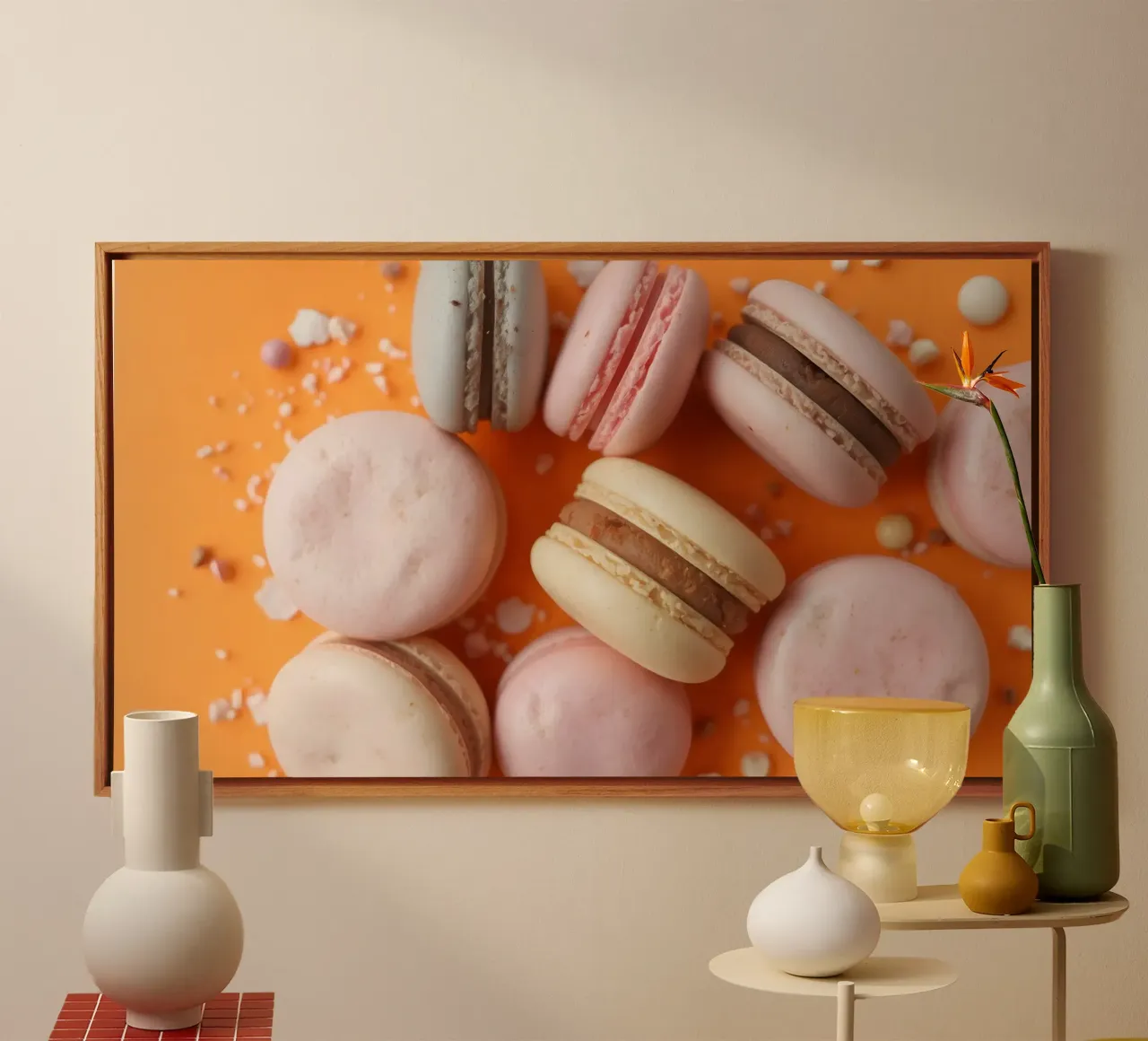Kleurrijk assortiment macarons op oranje achtergrond canvas met Baklijst van DesignDoodle