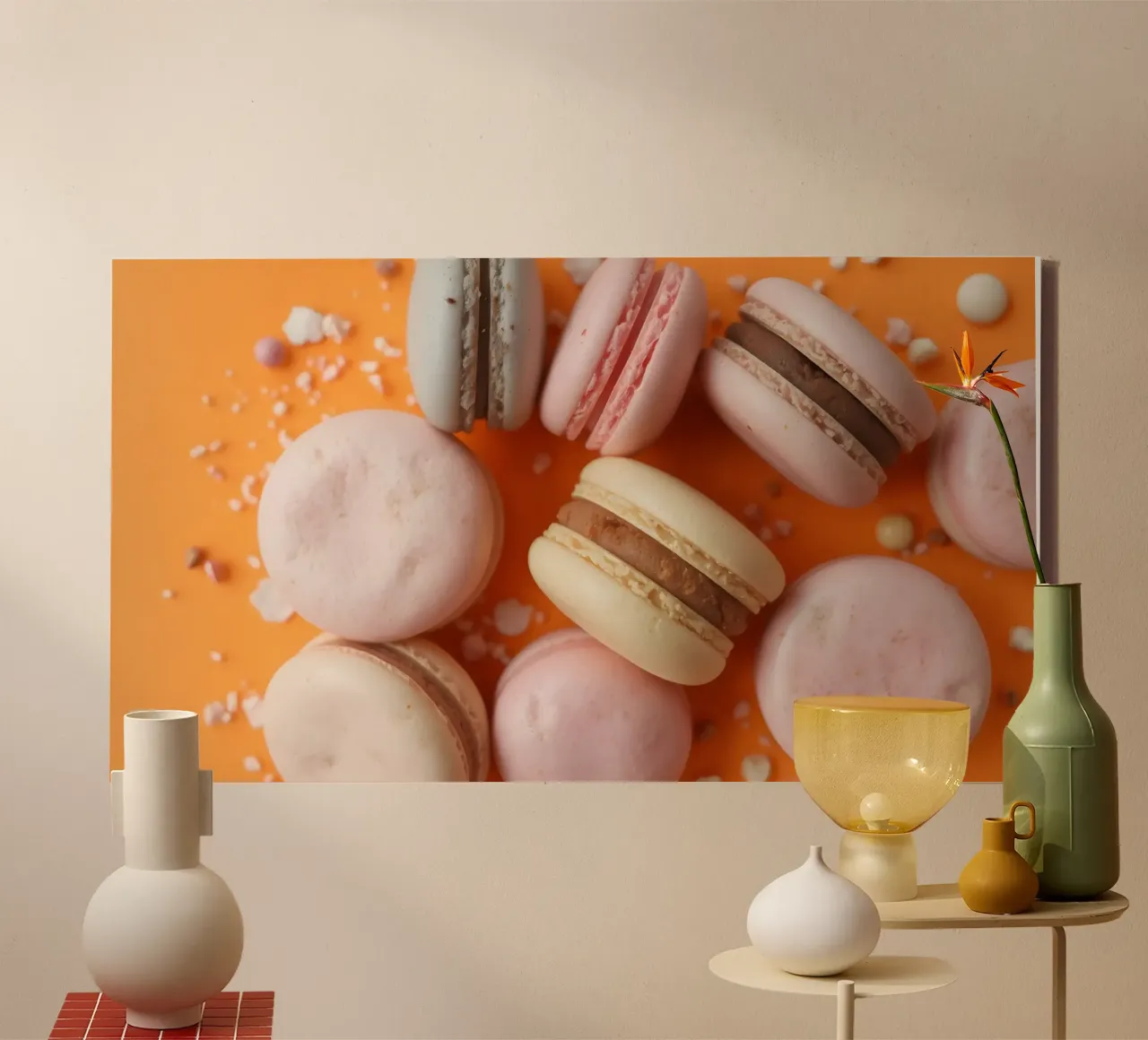 Kleurrijk assortiment macarons op oranje achtergrond canvas met Baklijst van DesignDoodle
