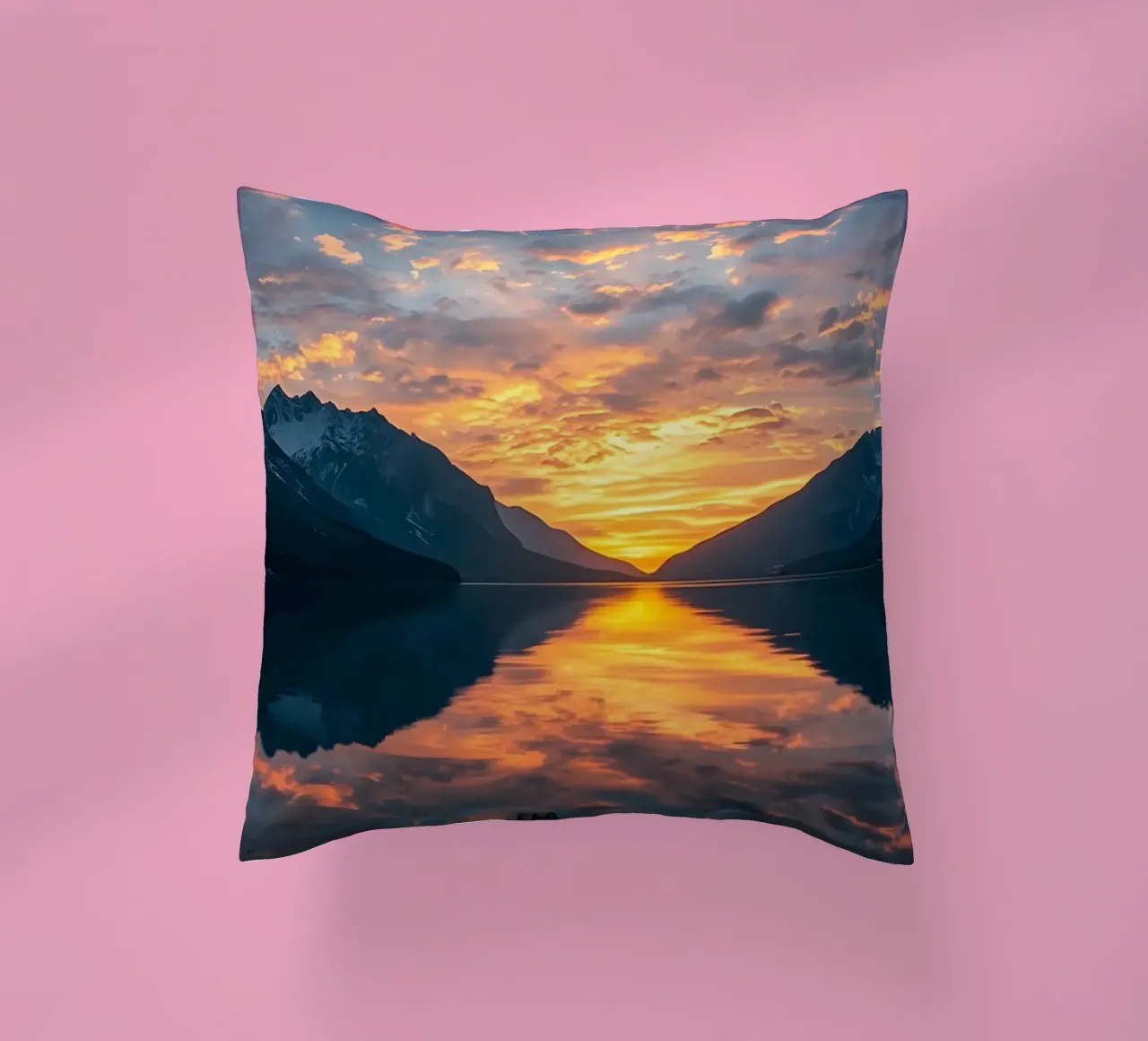 Sunset reflects on calm lake with mountains decorative cushion by DesignDoodle