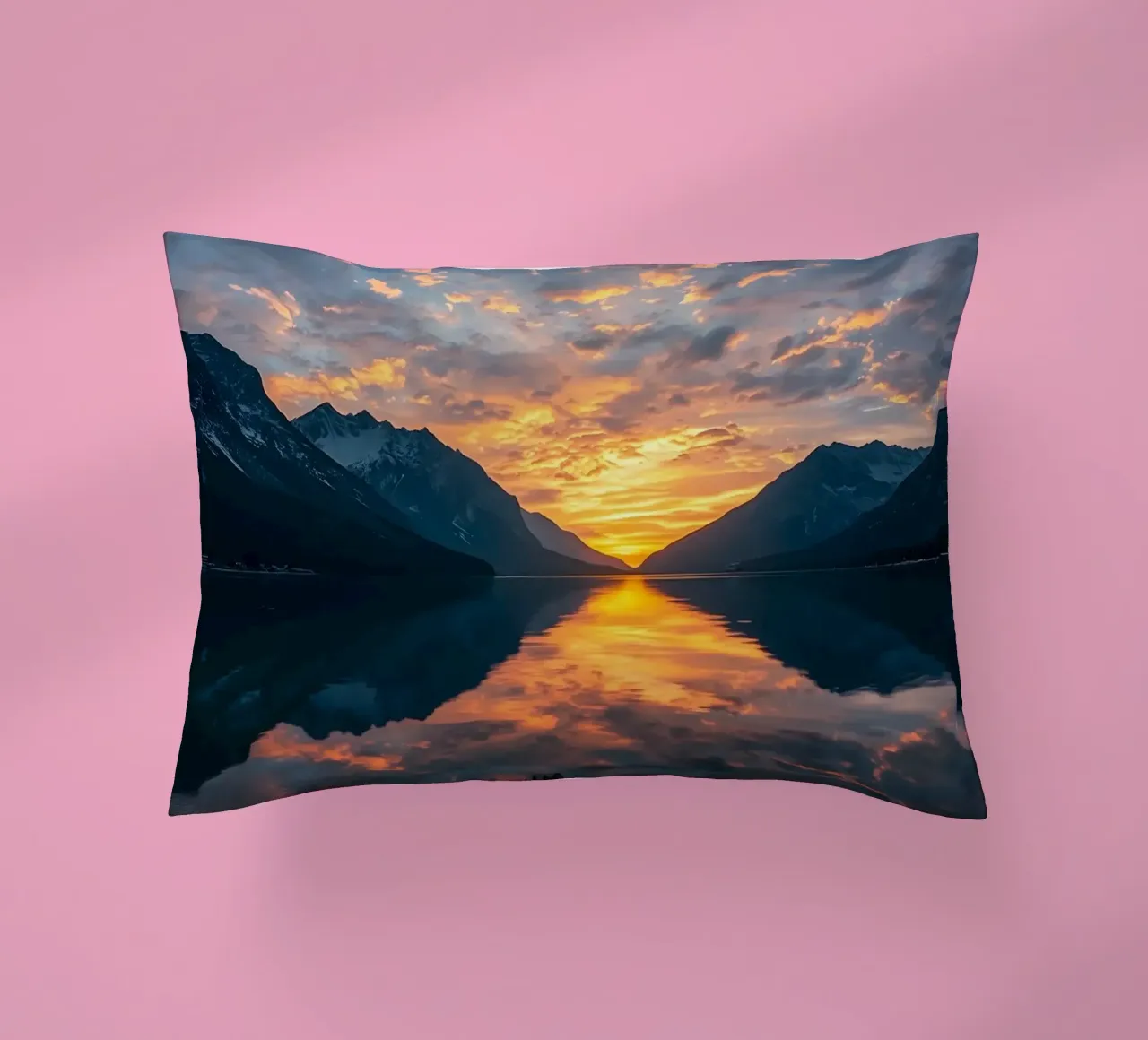 Sunset reflects on calm lake with mountains decorative cushion by DesignDoodle