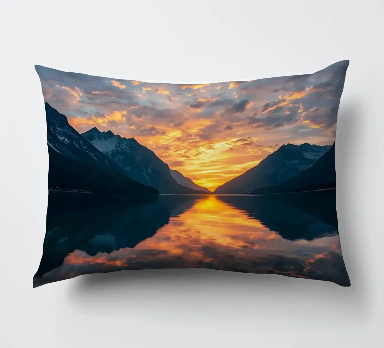 Sunset reflects on calm lake with mountains decorative cushion by DesignDoodle