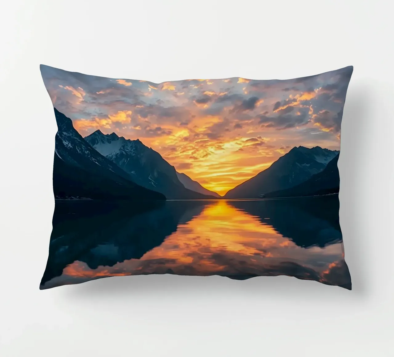 Sunset reflects on calm lake with mountains decorative cushion by DesignDoodle