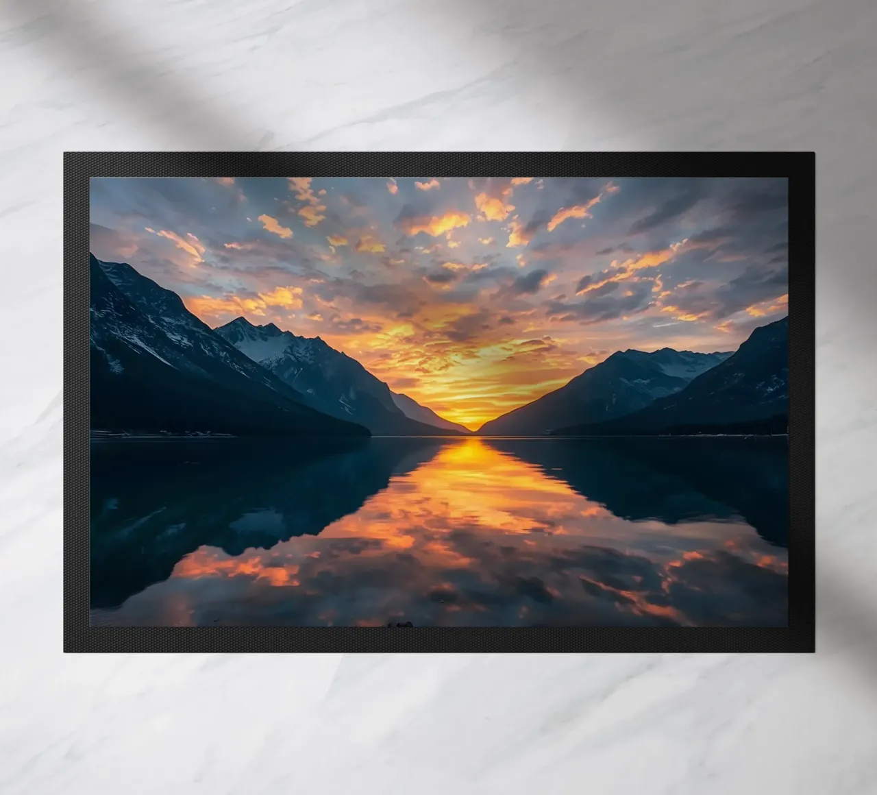 Sunset reflects on calm lake with mountains doormat by DesignDoodle
