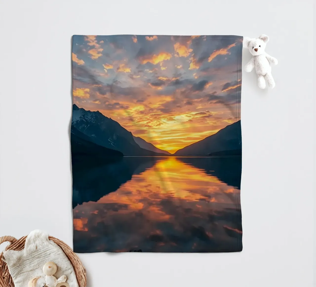 Sunset reflects on calm lake with mountains fleece blanket by DesignDoodle