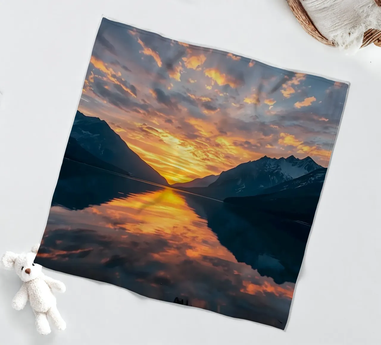 Sunset reflects on calm lake with mountains fleece blanket by DesignDoodle