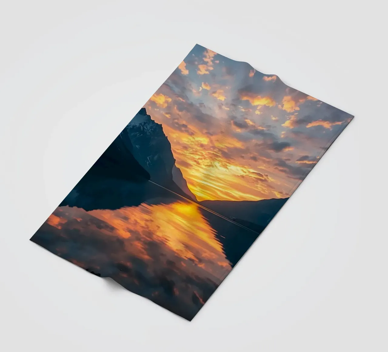 Sunset reflects on calm lake with mountains fleece blanket by DesignDoodle