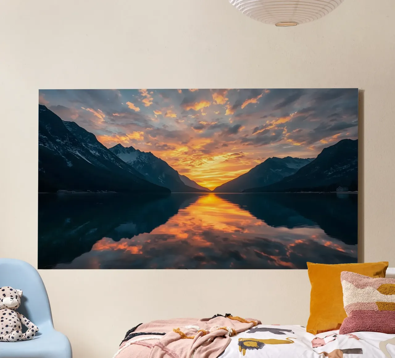 Sunset reflects on calm lake with mountains canvas by DesignDoodle
