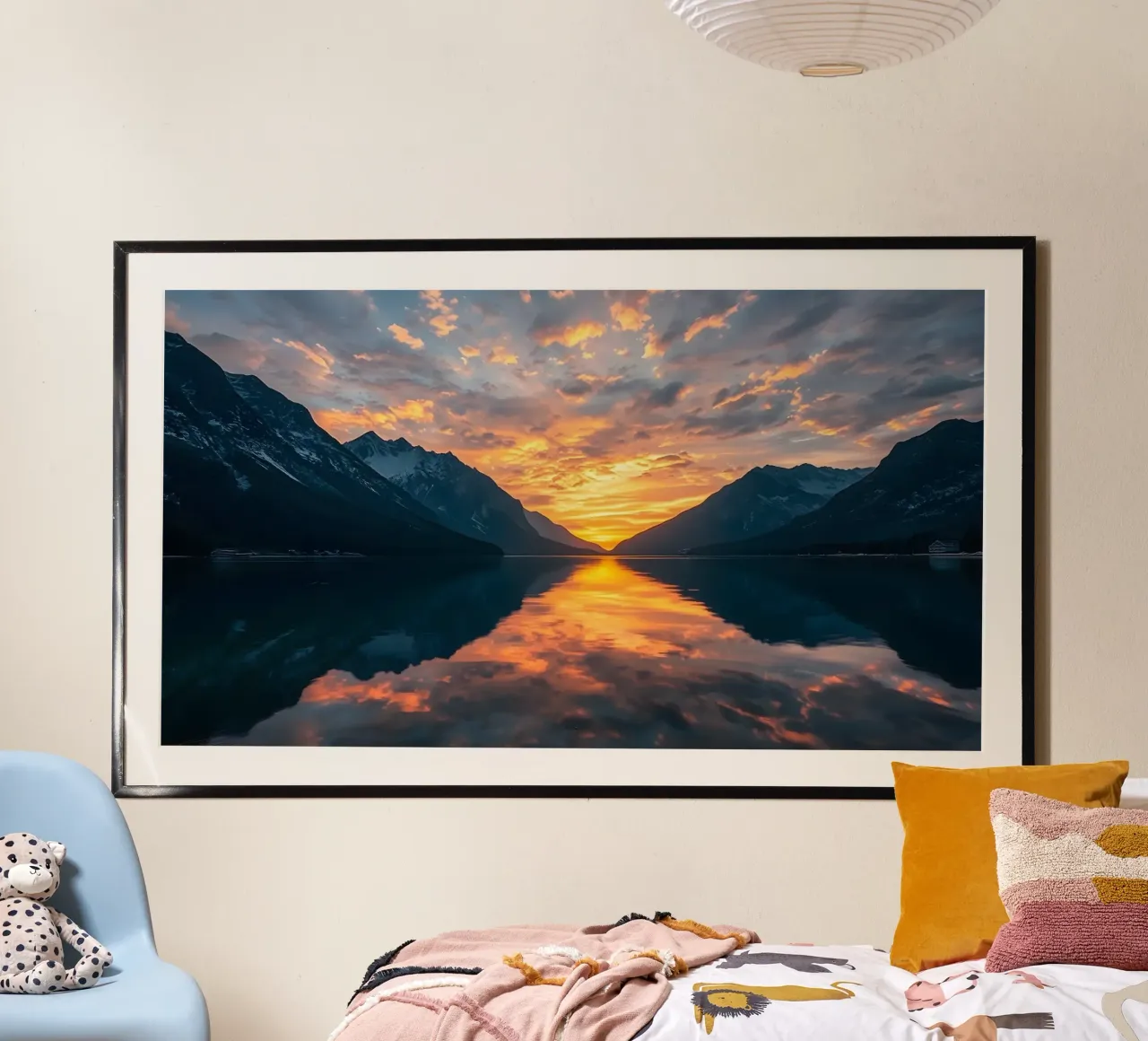 Sunset reflects on calm lake with mountains hahnemühle by DesignDoodle