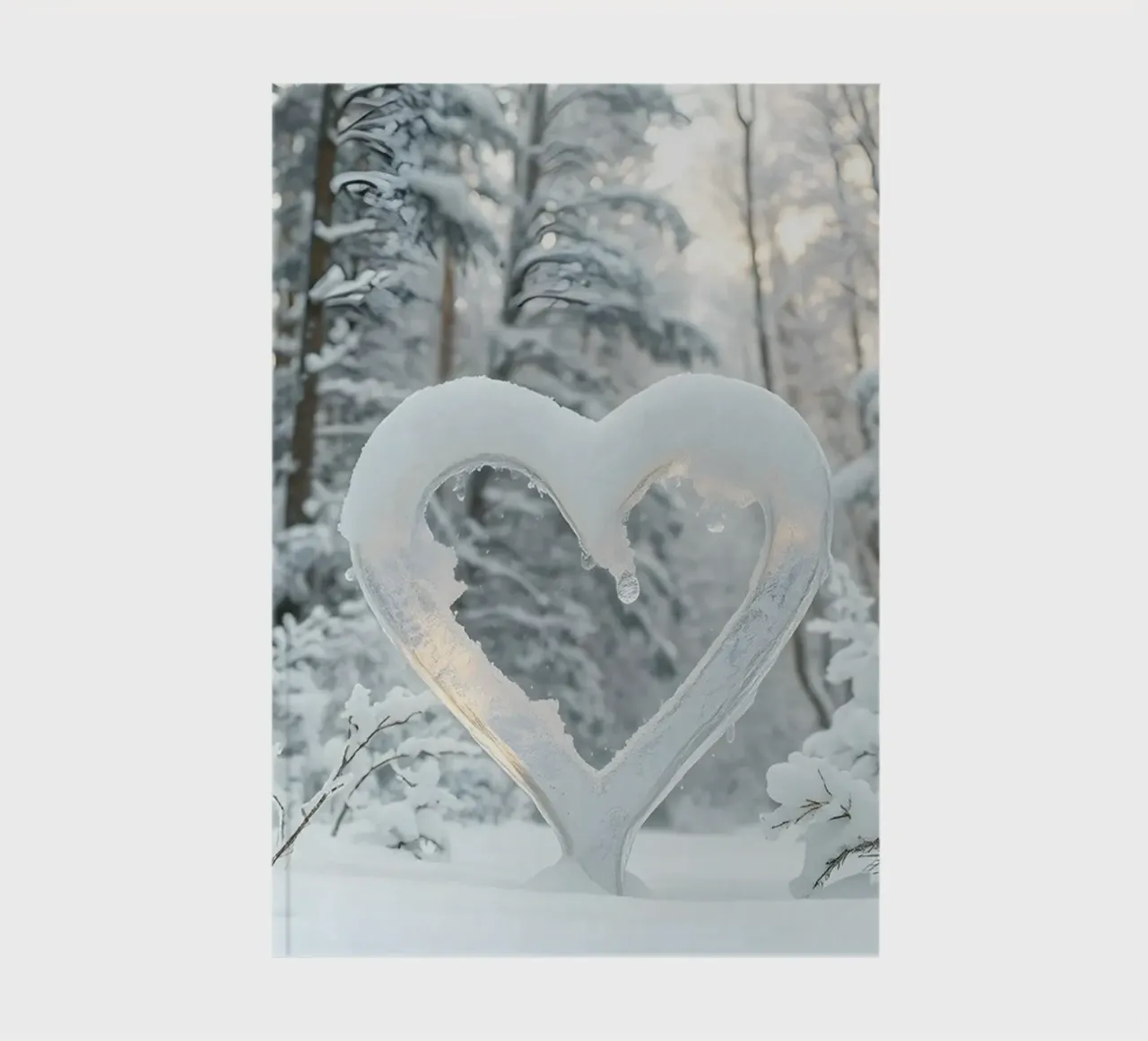 La foresta invernale innevata presenta una formazione di neve a forma di cuore diario da DesignDoodle
