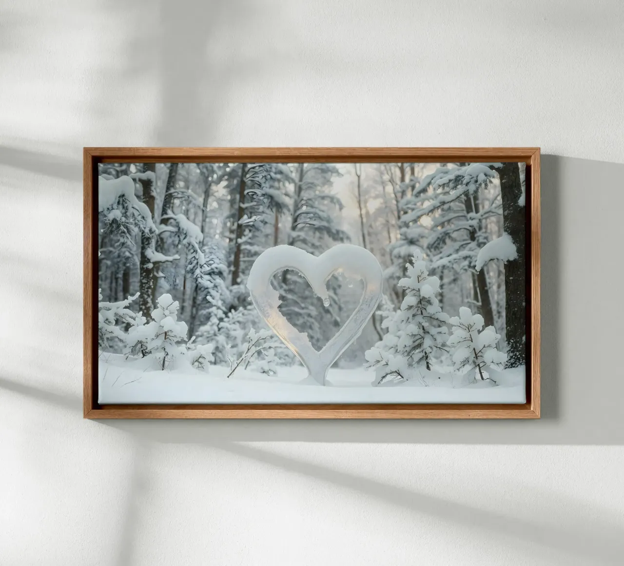 La foresta invernale innevata presenta una formazione di neve a forma di cuore tela da DesignDoodle