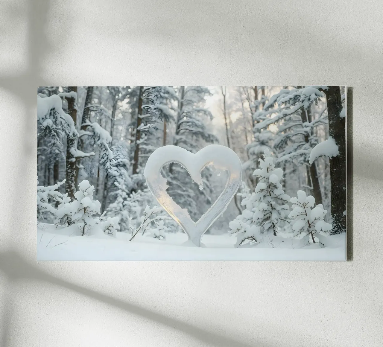 La foresta invernale innevata presenta una formazione di neve a forma di cuore tela da DesignDoodle