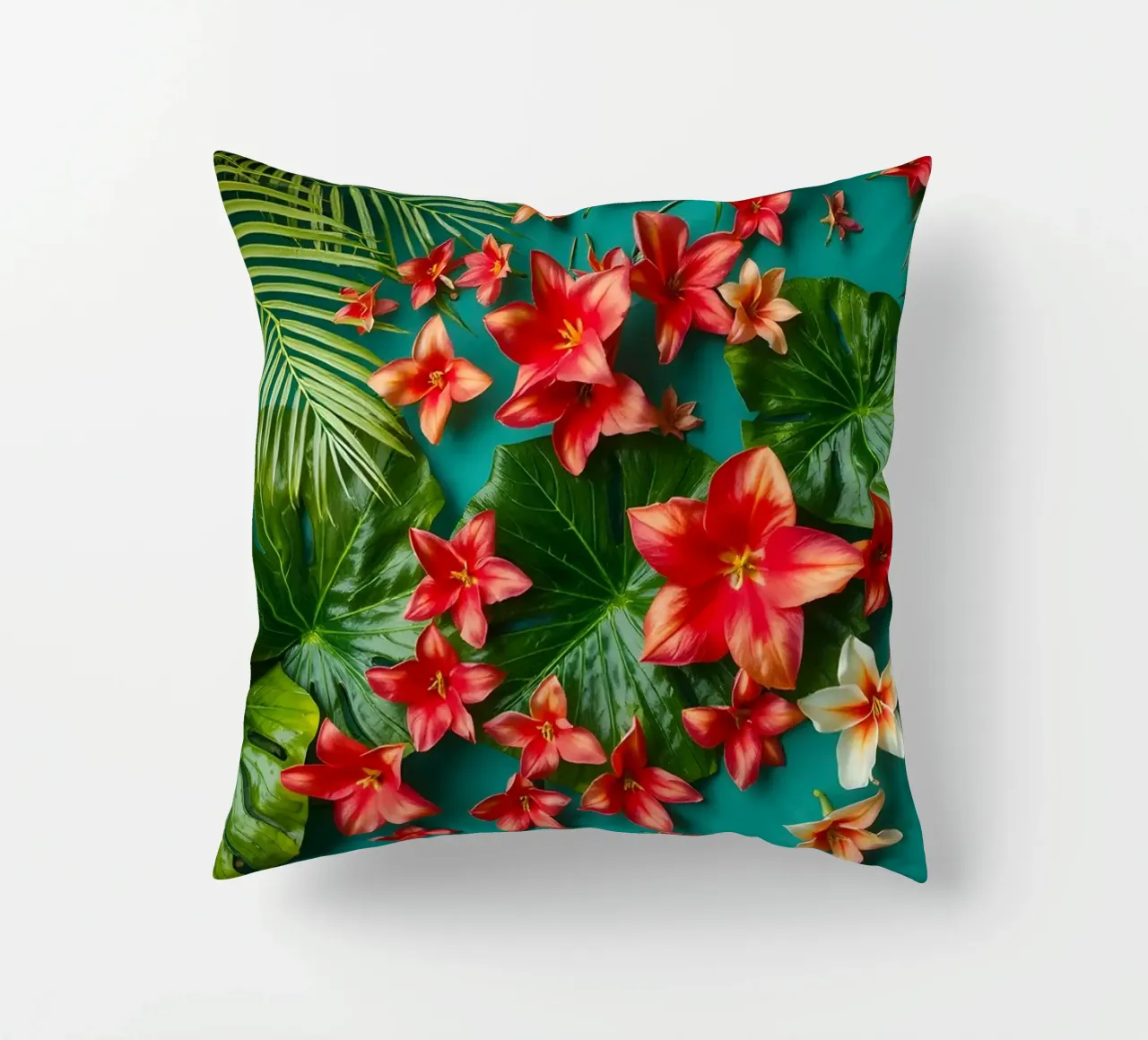 fiori tropicali e foglie verdi cuscino da DesignDoodle
