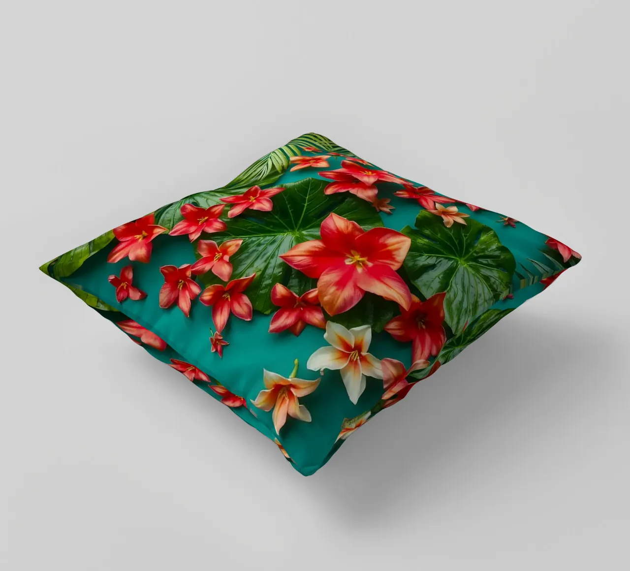 fiori tropicali e foglie verdi cuscino da DesignDoodle