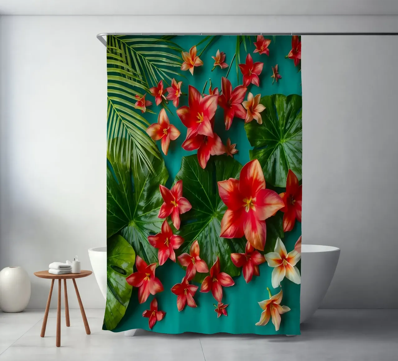 fiori tropicali e foglie verdi tenda da doccia da DesignDoodle