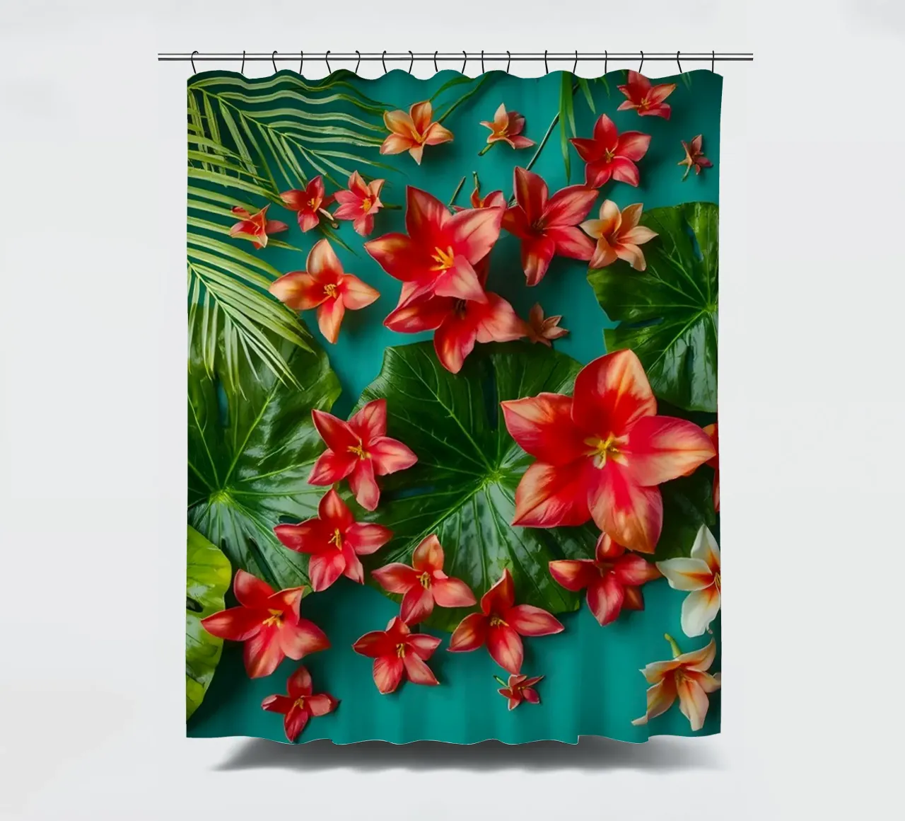 fiori tropicali e foglie verdi tenda da doccia da DesignDoodle