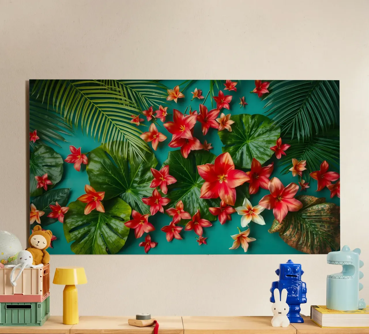 fiori tropicali e foglie verdi alluminio dibond da DesignDoodle