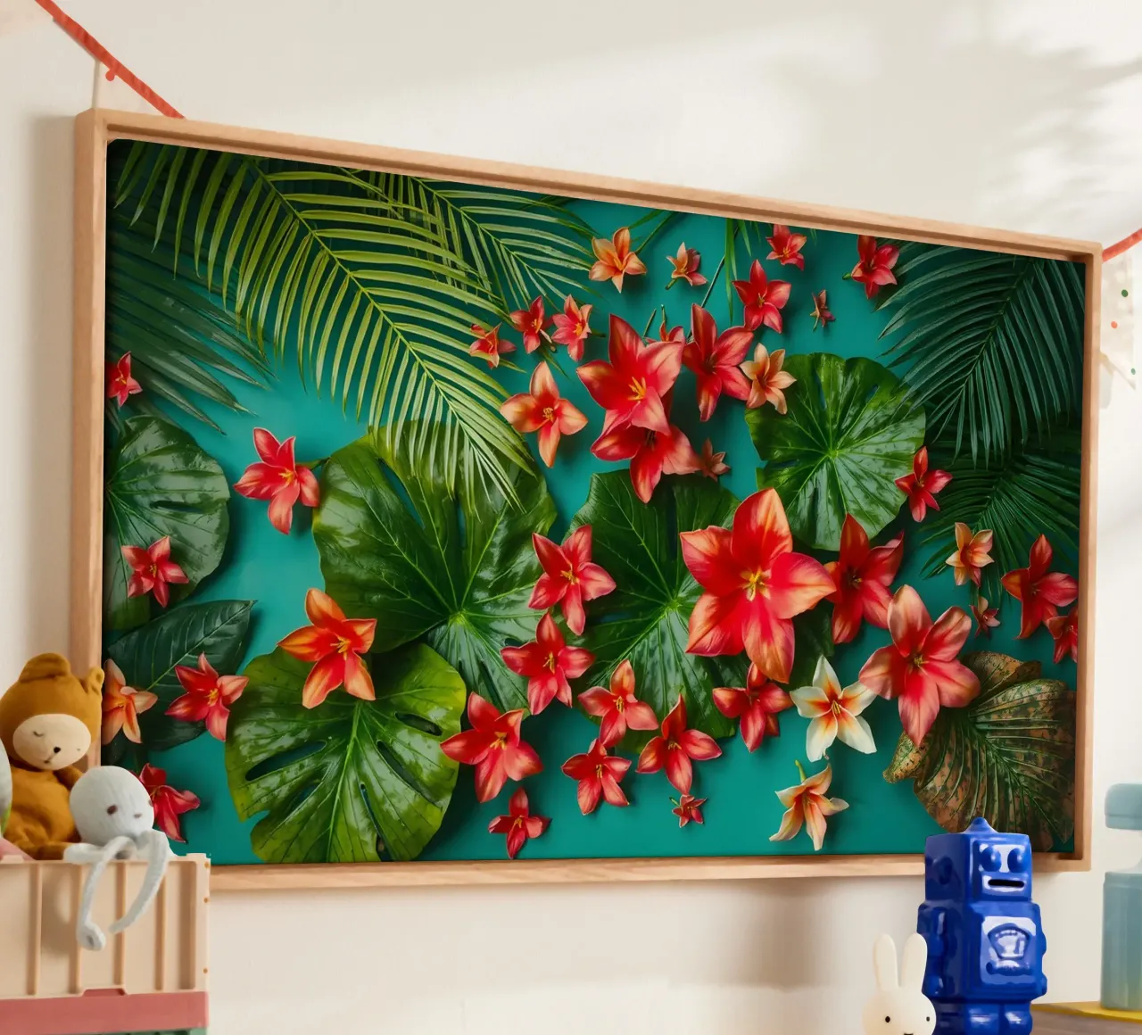 fiori tropicali e foglie verdi tela con Cornice a cassetta da DesignDoodle