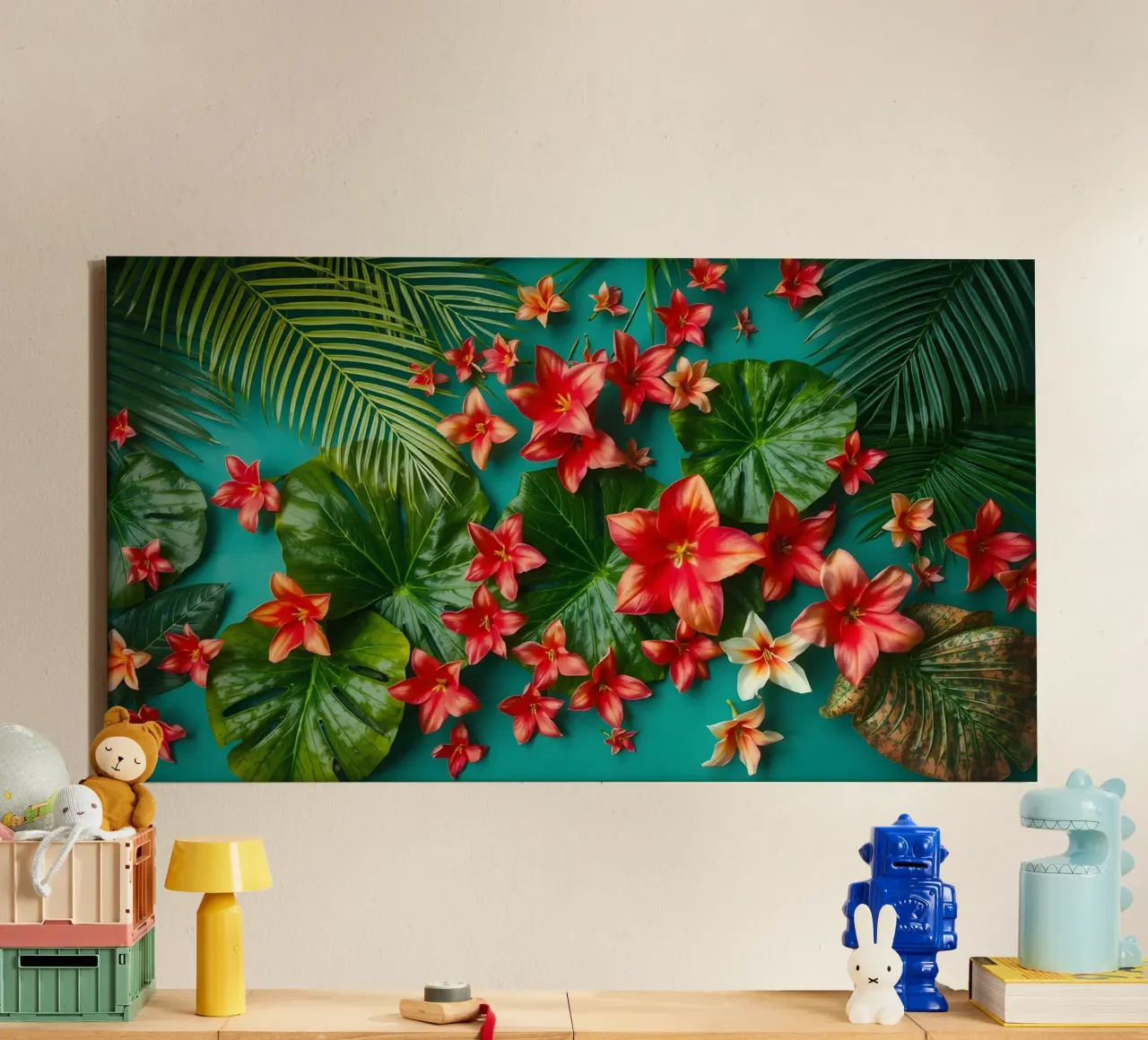 fiori tropicali e foglie verdi tela con Cornice a cassetta da DesignDoodle