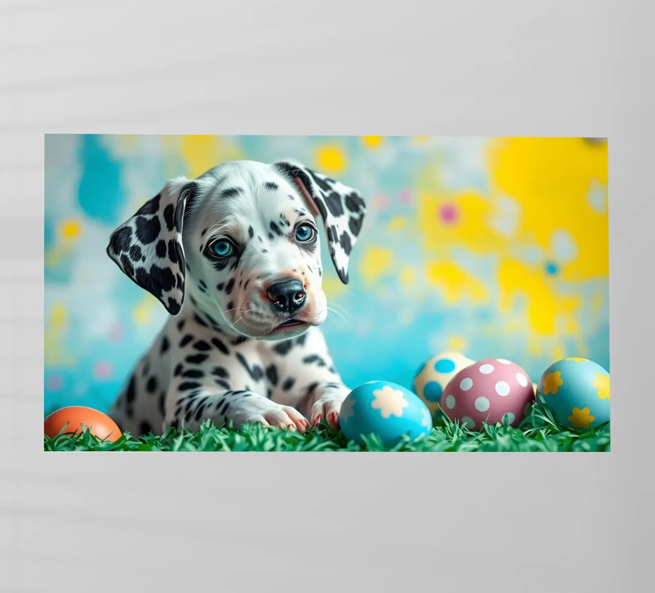 Cucciolo di dalmata esplora le colorate uova di Pasqua pellicola backlit da DesignDoodle