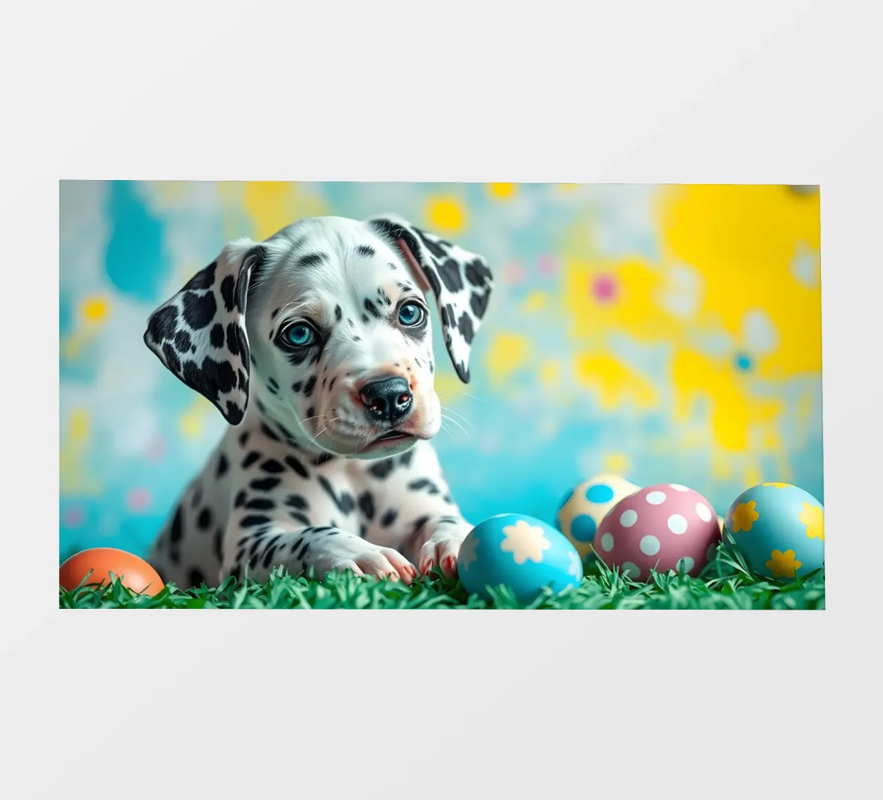 Cucciolo di dalmata esplora le colorate uova di Pasqua pellicola backlit da DesignDoodle