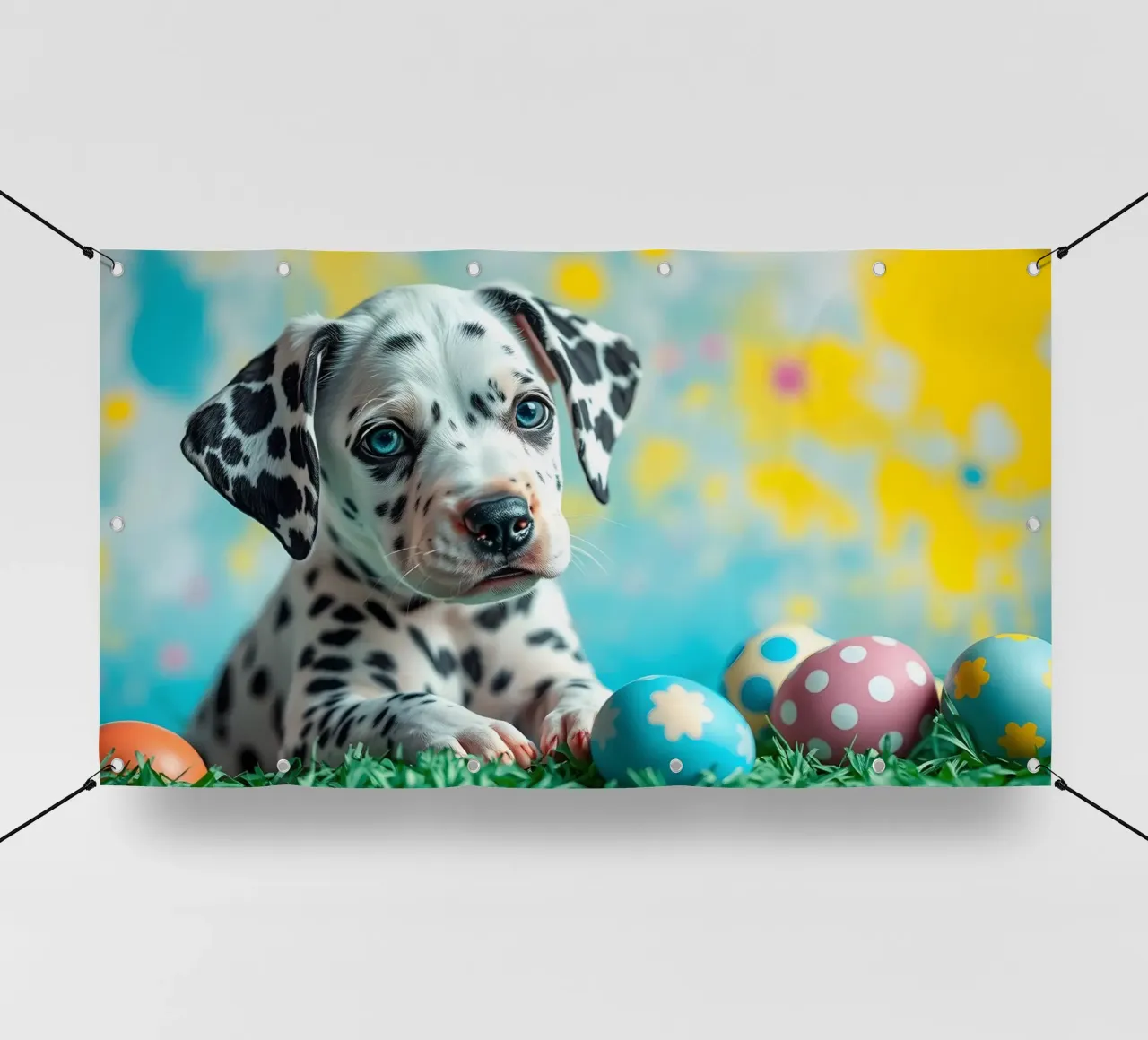 Cucciolo di dalmata esplora le colorate uova di Pasqua telo in pvc da DesignDoodle