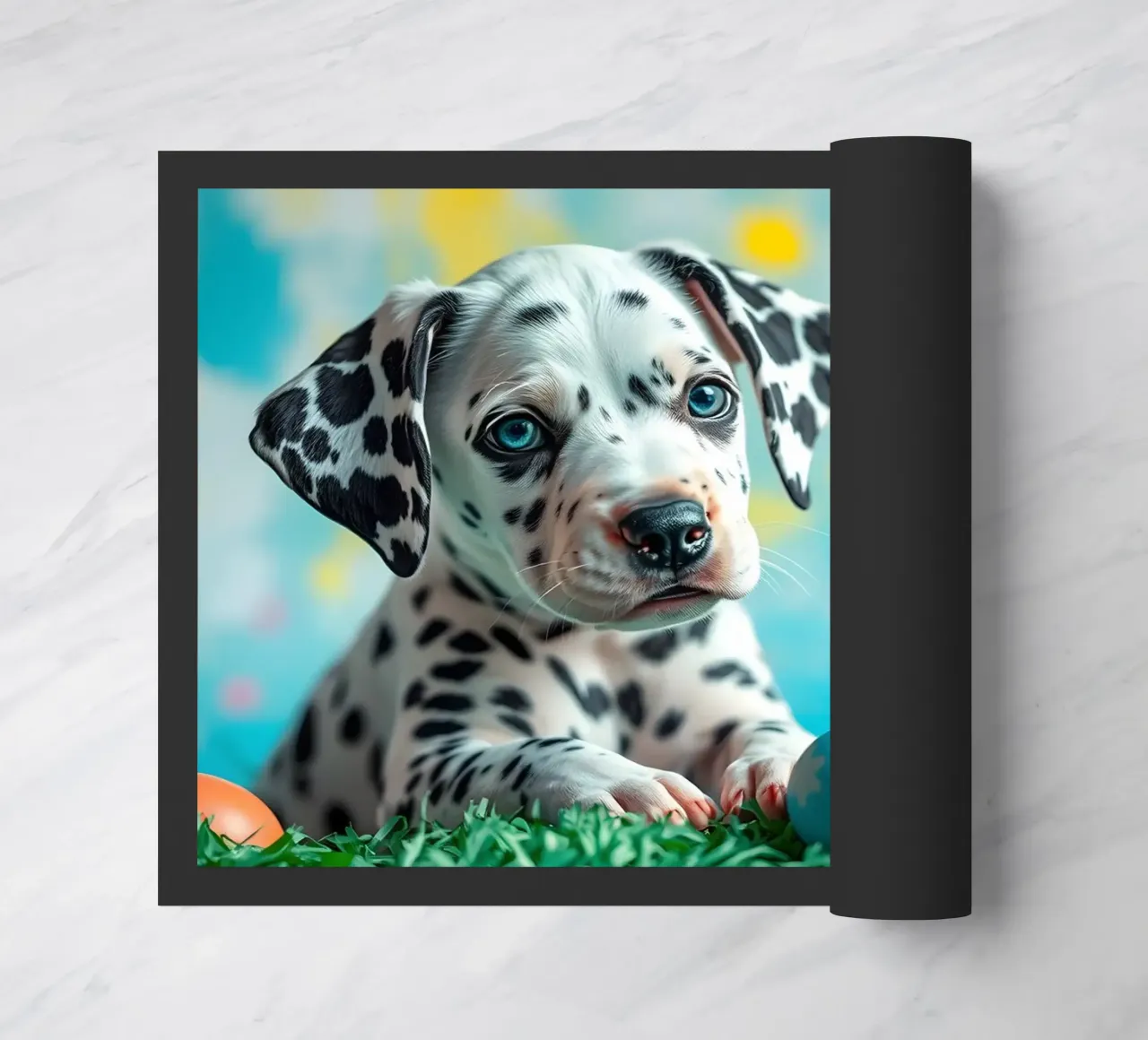 Cucciolo di dalmata esplora le colorate uova di Pasqua zerbino da DesignDoodle