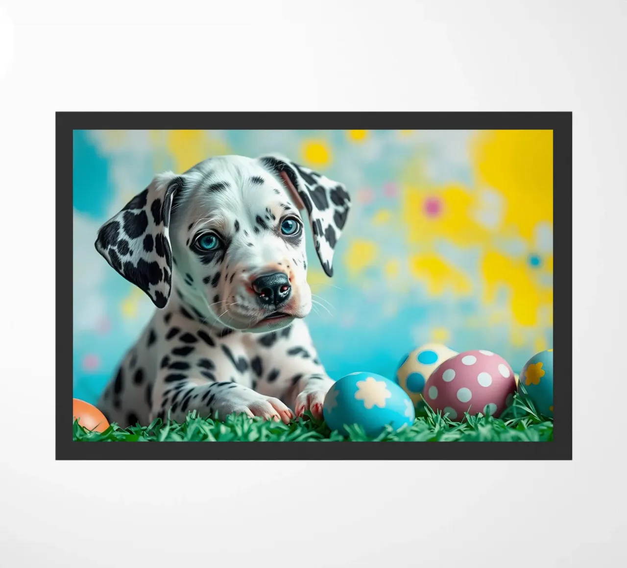 Cucciolo di dalmata esplora le colorate uova di Pasqua zerbino da DesignDoodle