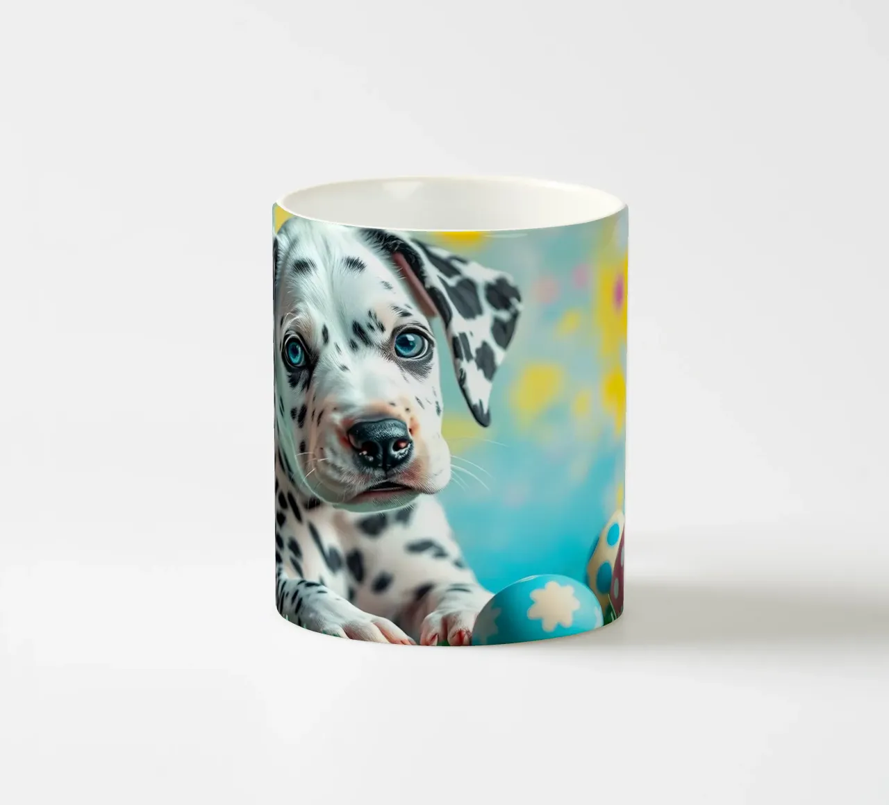Dalmatian puppy explores colorful Easter eggs ceramic mug by DesignDoodle